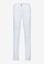 A pair of white, slim fit, five pocket trousers for women. Front View