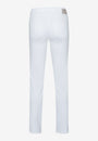 A pair of white, slim fit, five pocket trousers for women. Back View 
