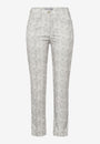 A pair of beige floral print trousers with a high-waist cut. Front View