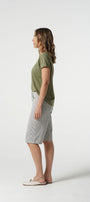 Sage cotton tee  and gray shorts.