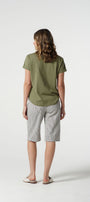 Sage cotton  t-shirt and grey shorts.