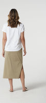 back view white cotton  t-shirt and beige.