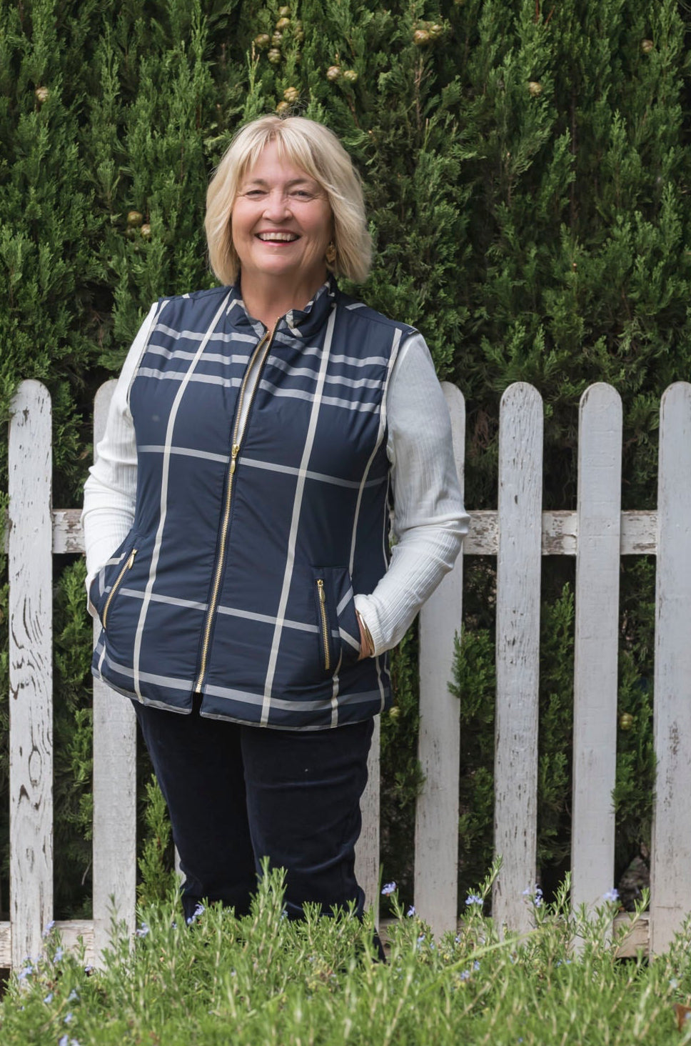 "Goondiwindi Cotton GC Vest in Navy Check — machine washable sleeveless vest"