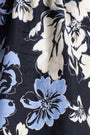 A close-up of a floral fabric print featuring large light blue and off-white flowers with black outlines on a dark navy background.