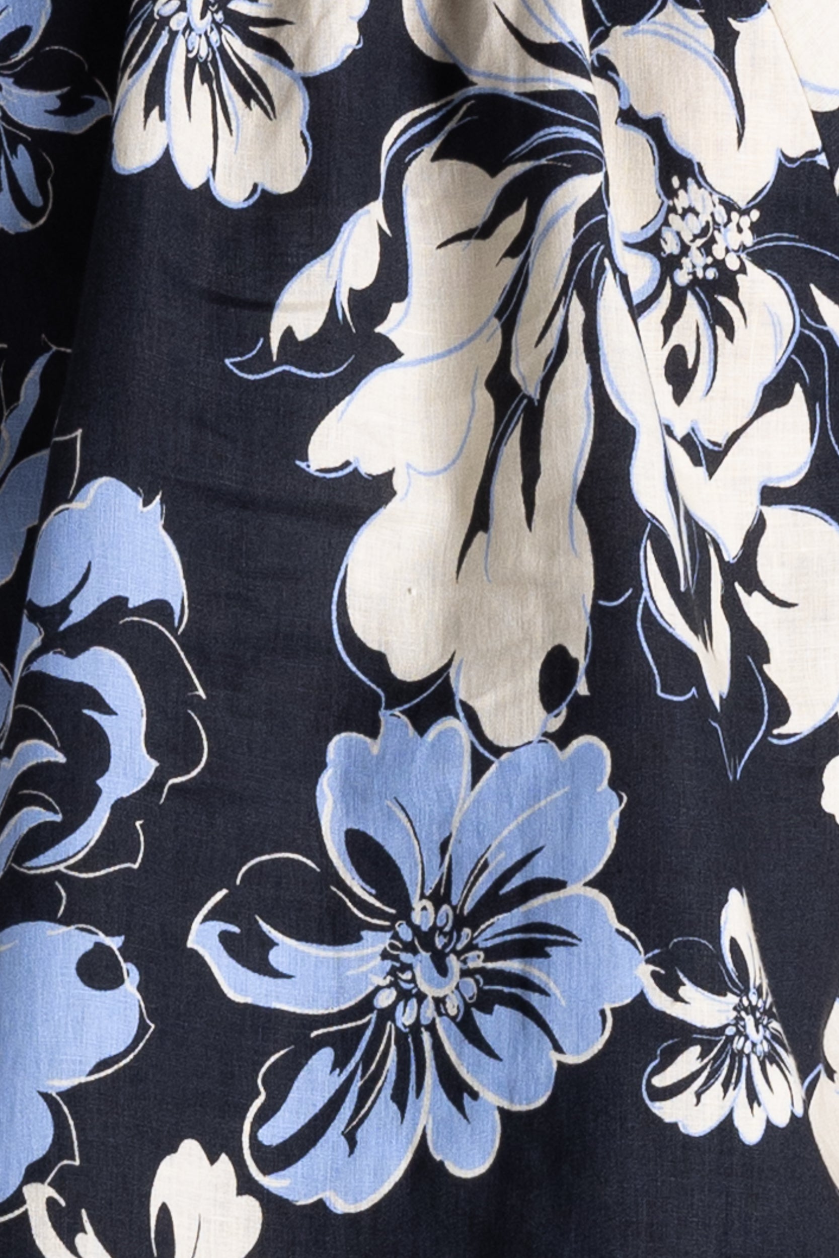 A close-up of a floral fabric print featuring large light blue and off-white flowers with black outlines on a dark navy background.
