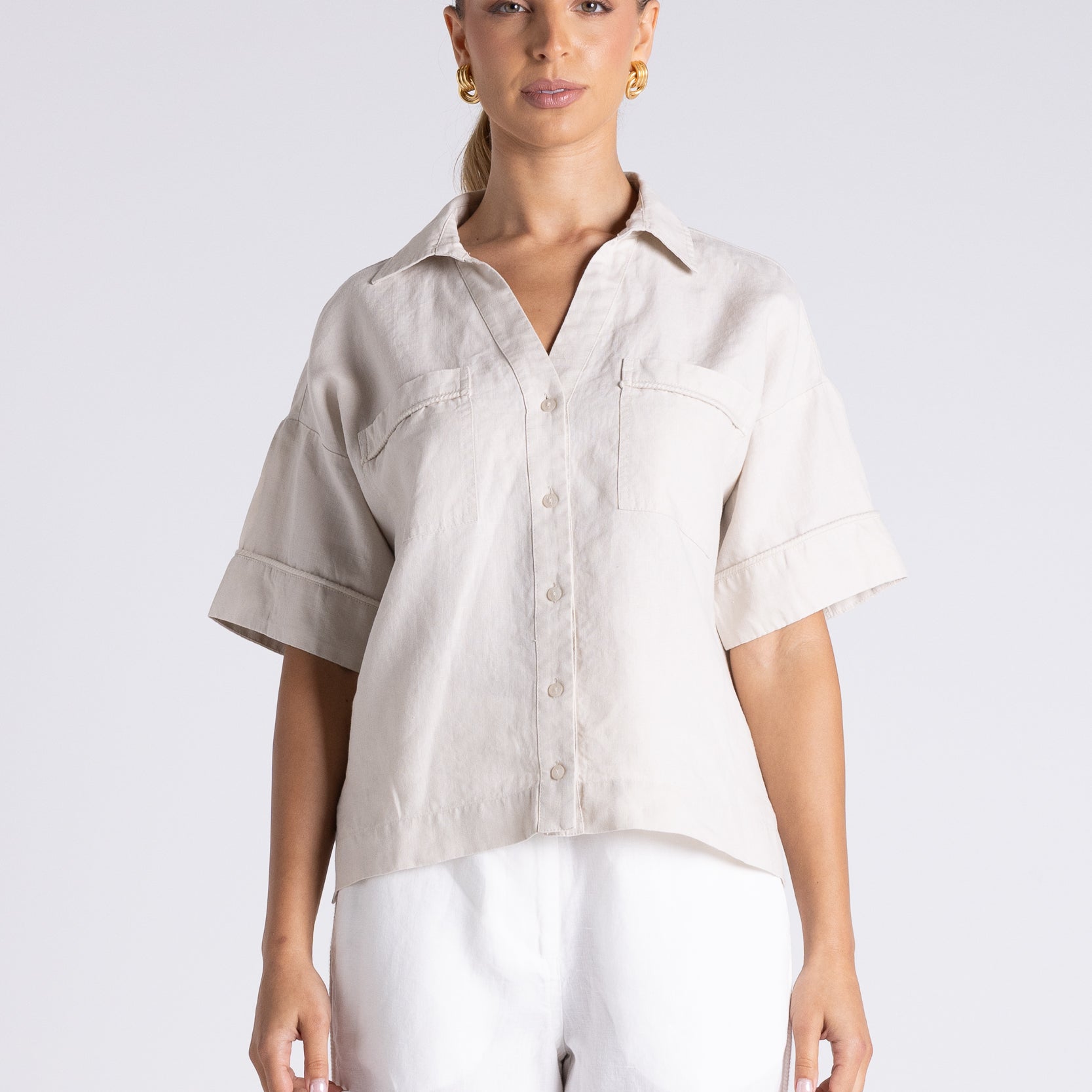 Olivia Short Sleeve Shirt by Two-Ts in Straw - front view