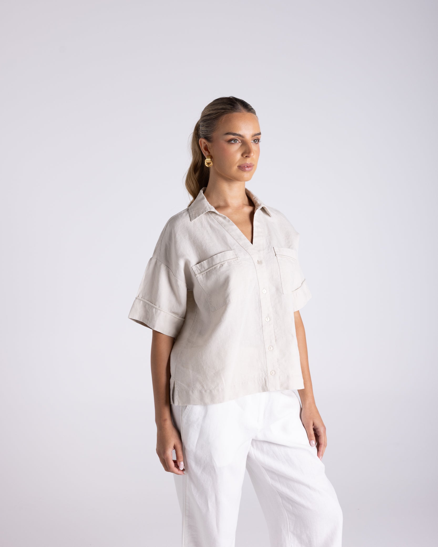 Olivia Short Sleeve Shirt by Two-Ts in Straw - front view
