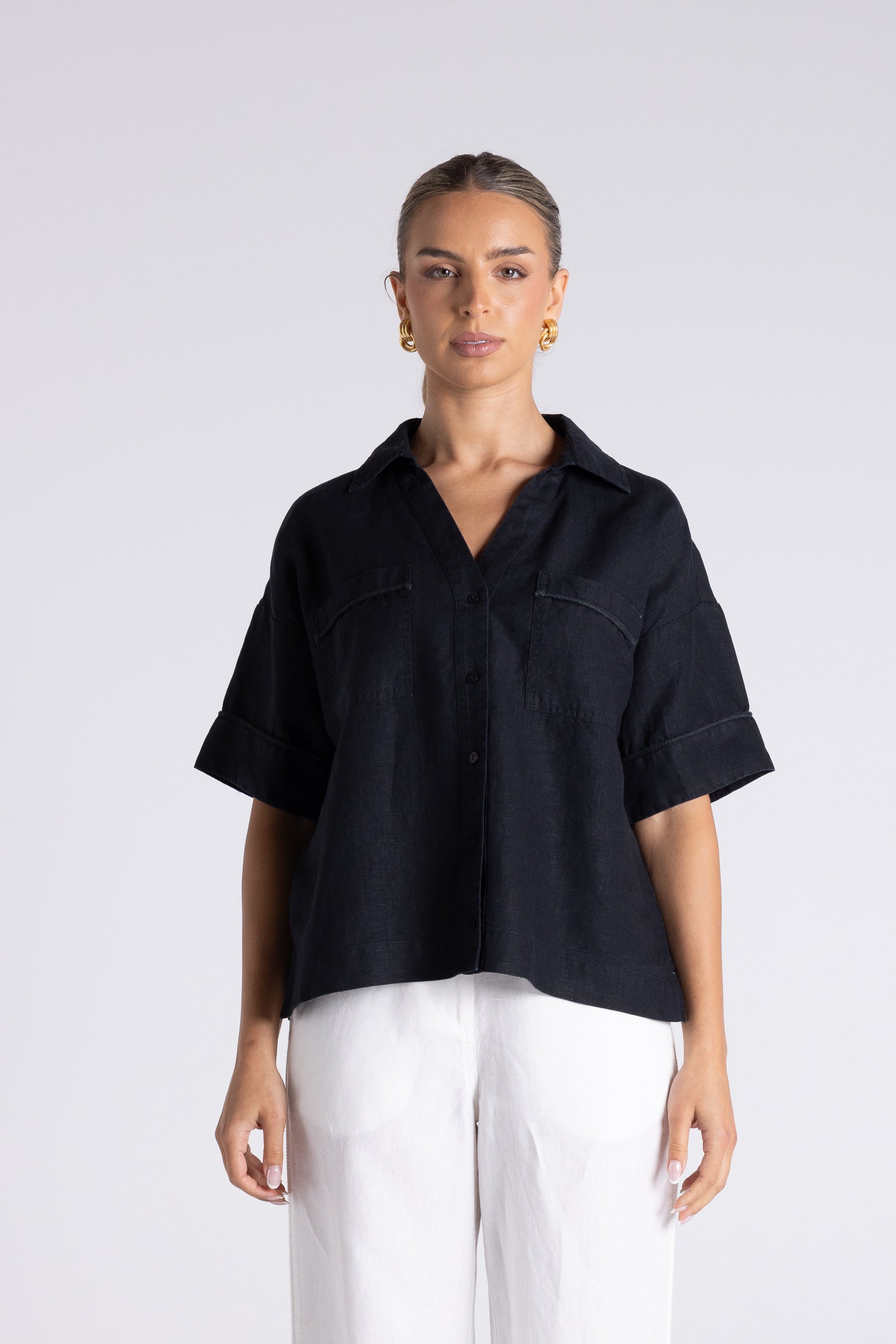 Olivia Short Sleeve Shirt by Two-Ts in Black - front view
