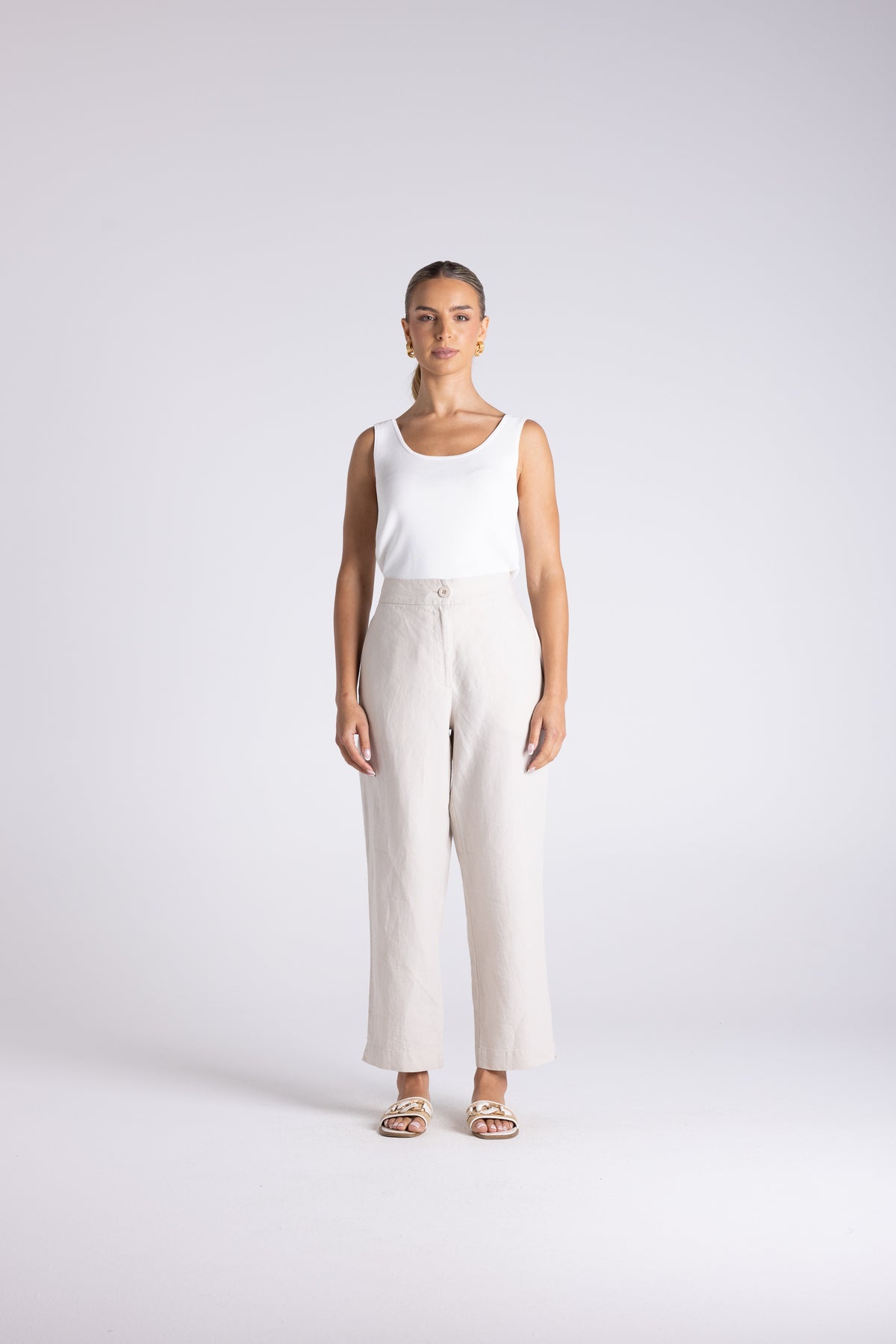 Luna 7/8 Linen Pant by Two-Ts in Straw - front view
