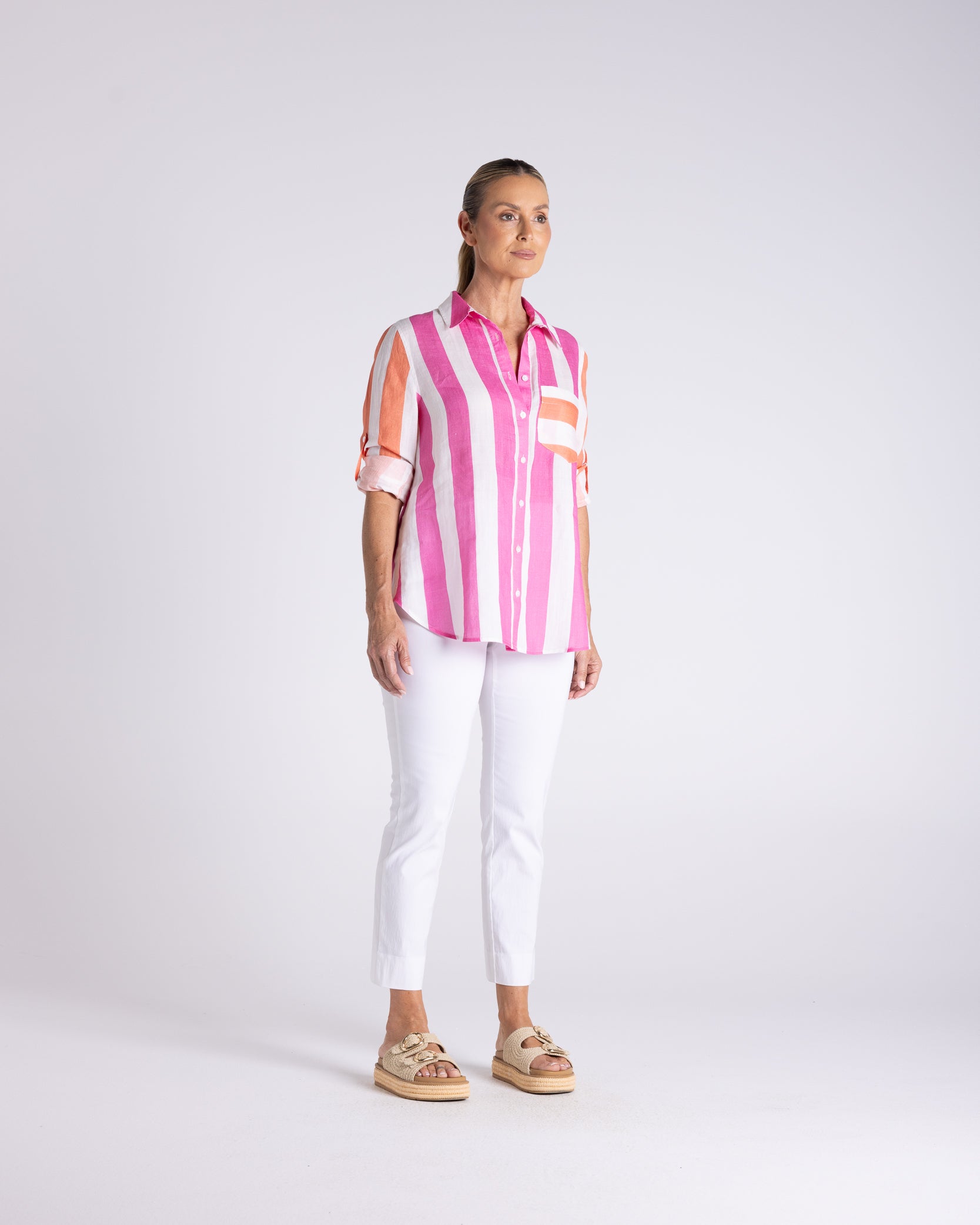 Candy Stripe Oversize Shirt by Two-Ts in Pink Orange Stripe - front view