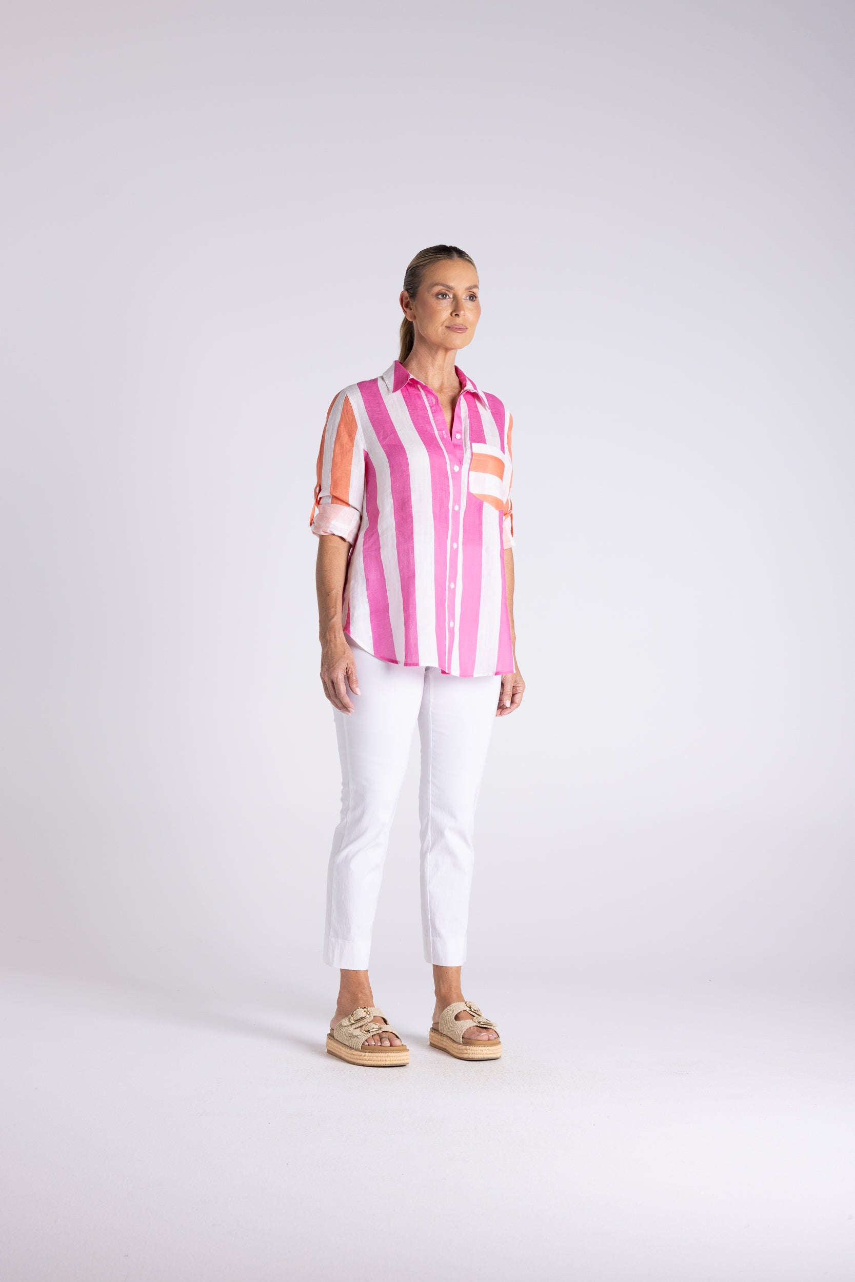 Candy Stripe Oversize Shirt by Two-Ts in Pink Orange Stripe - front view