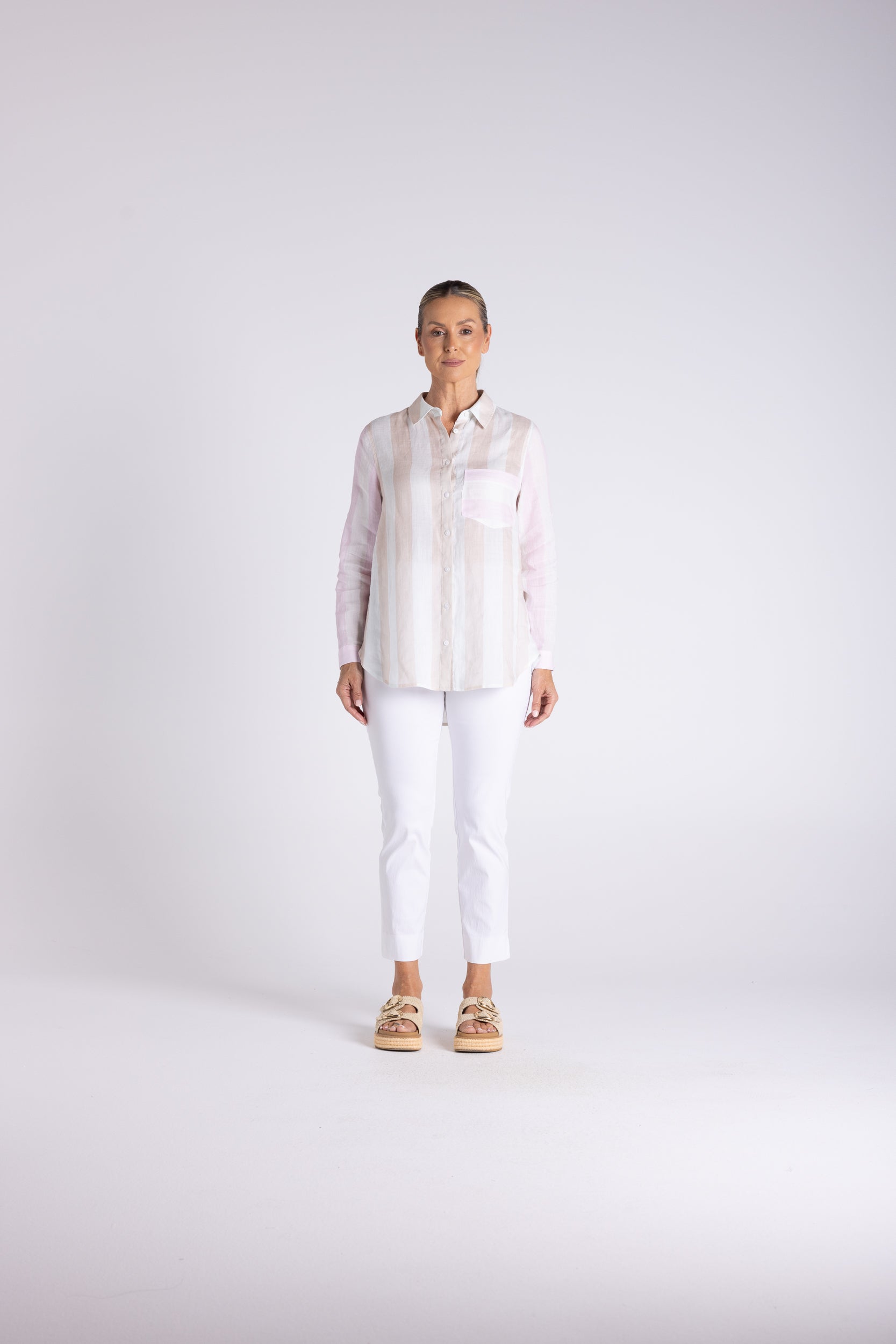 Candy Stripe Oversize Shirt by Two-Ts in Straw Soft Pink Stripe - front view