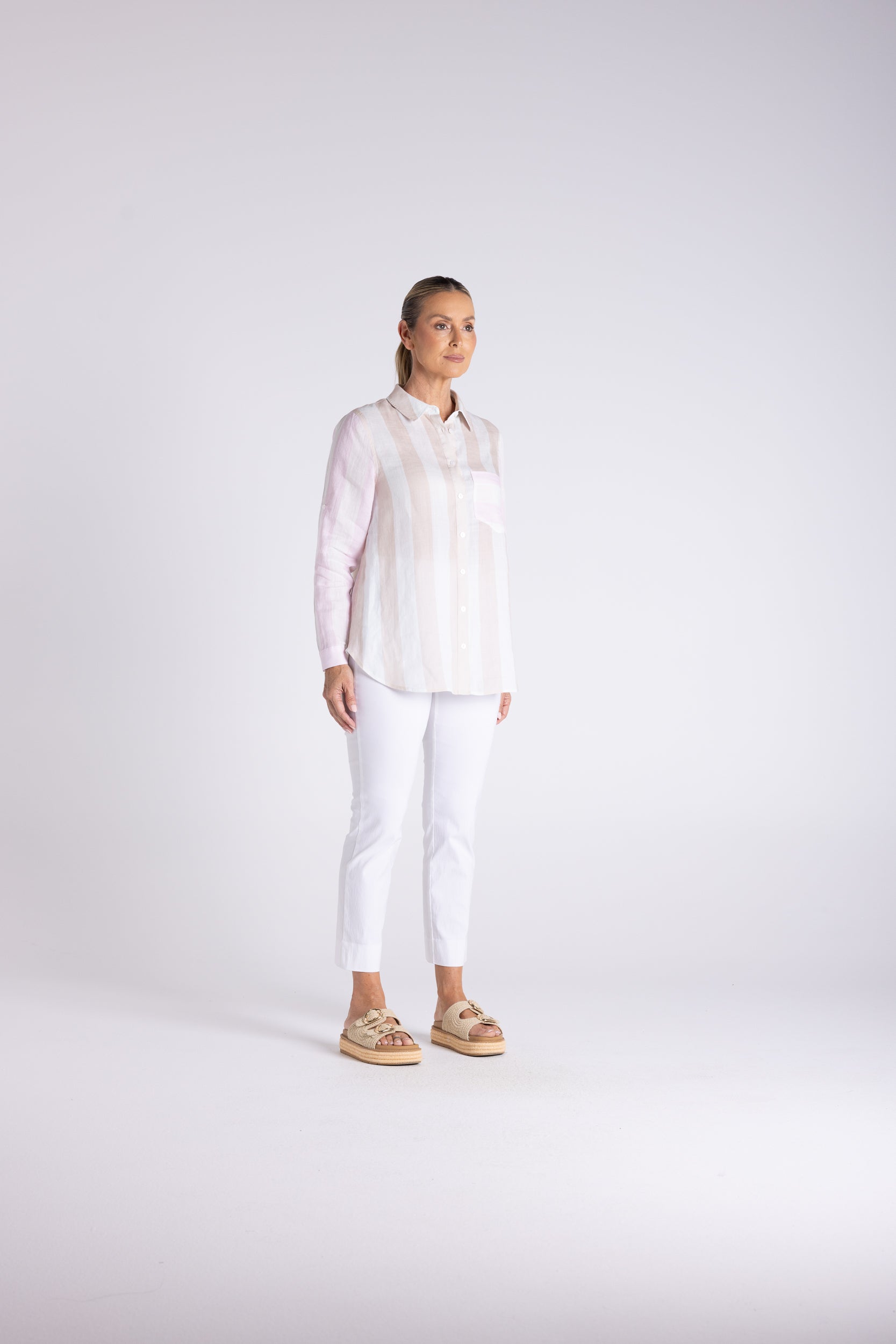 Candy Stripe Oversize Shirt by Two-Ts in Straw Soft Pink Stripe - front view