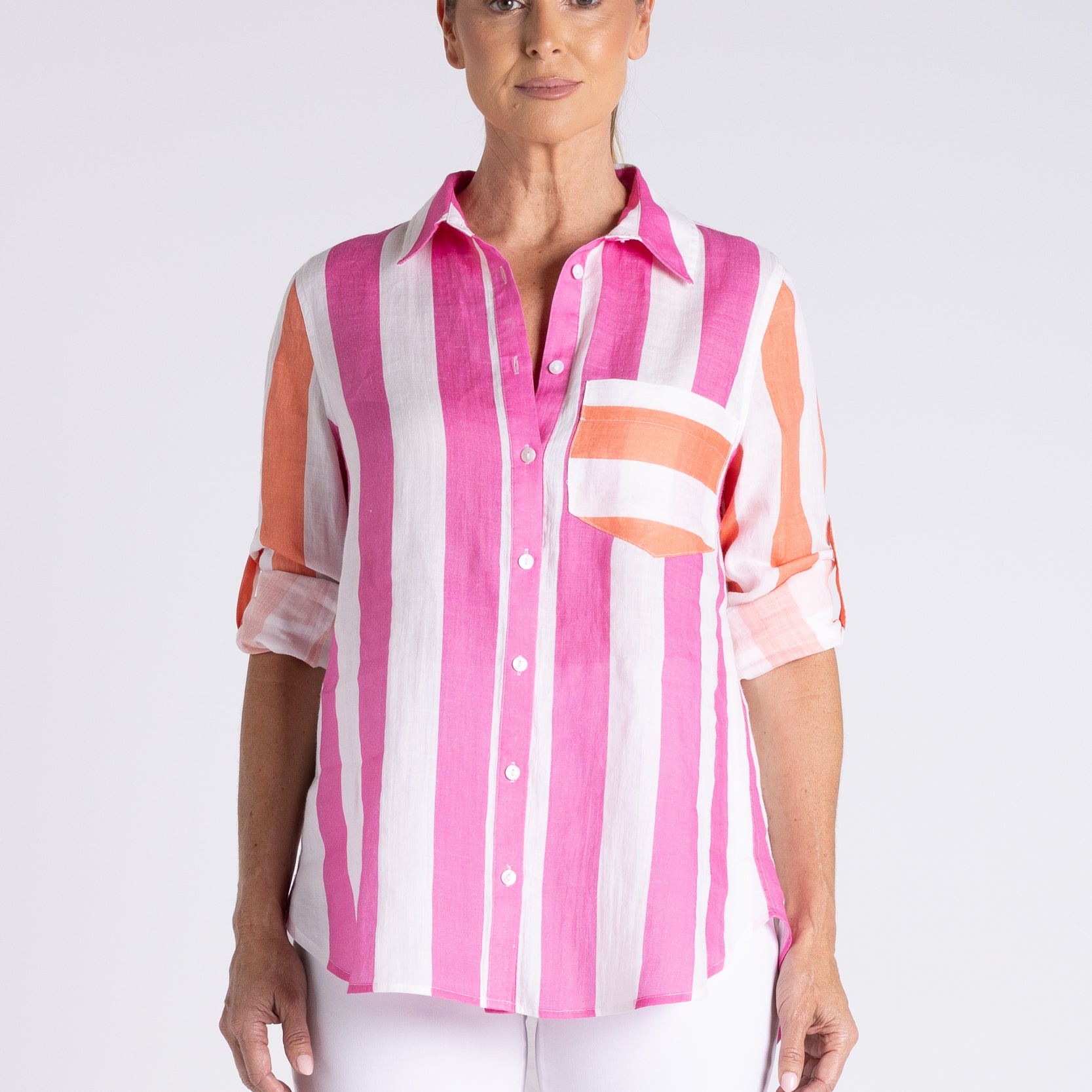 Candy Stripe Oversize Shirt by Two-Ts in Pink Orange Stripe - front view