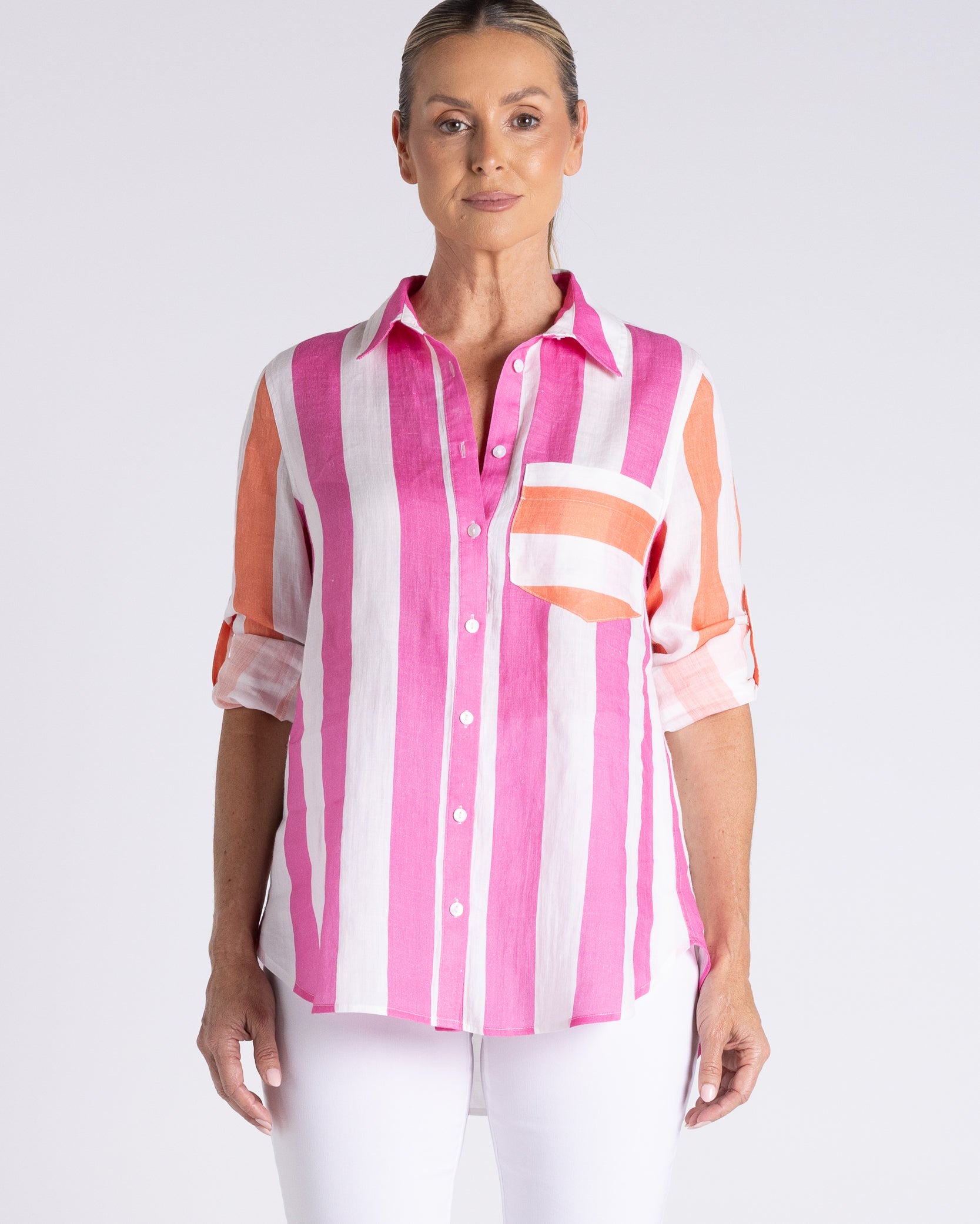 Candy Stripe Oversize Shirt by Two-Ts in Pink Orange Stripe - front view