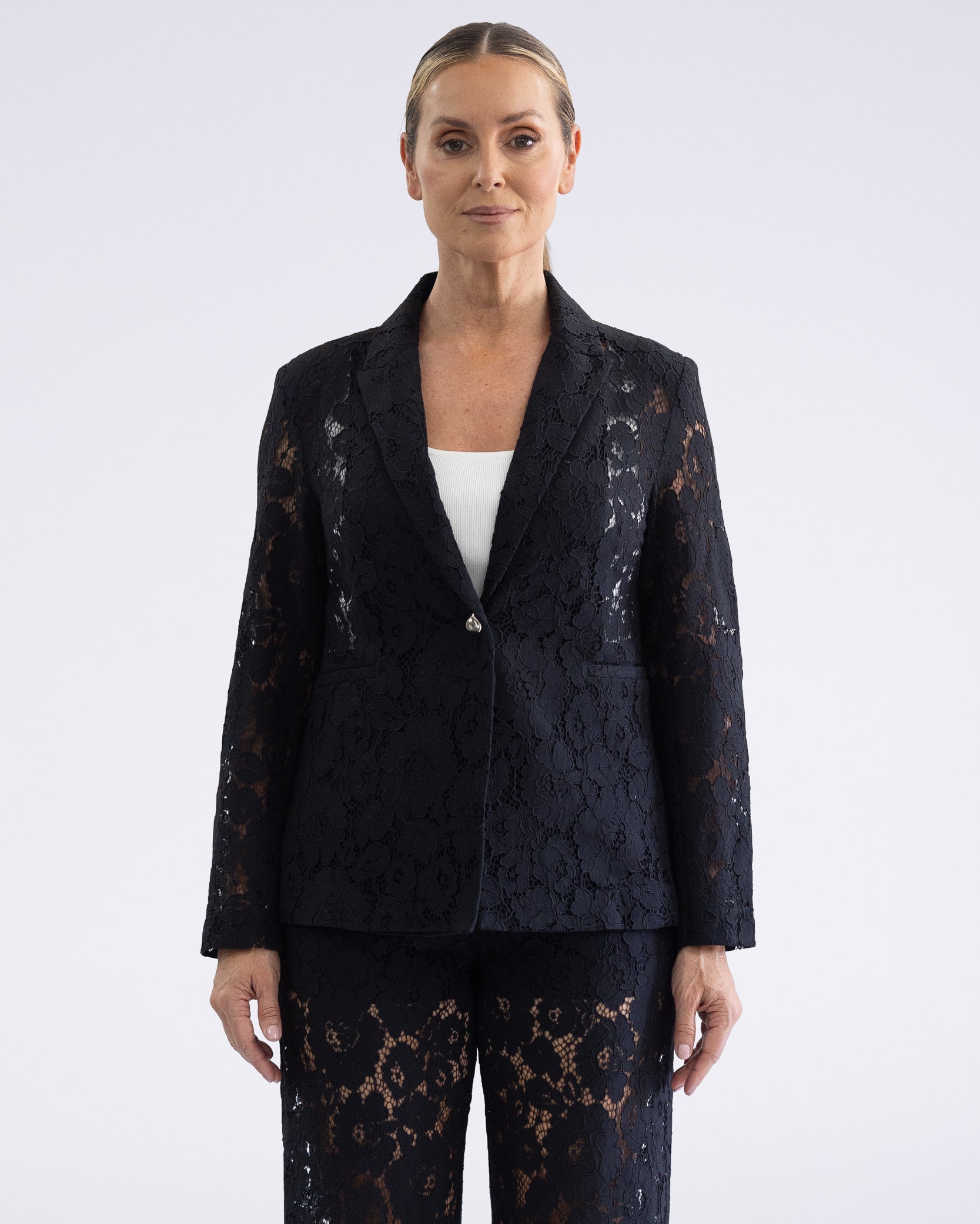 Lace Blazer by Two-Ts in Black - front view