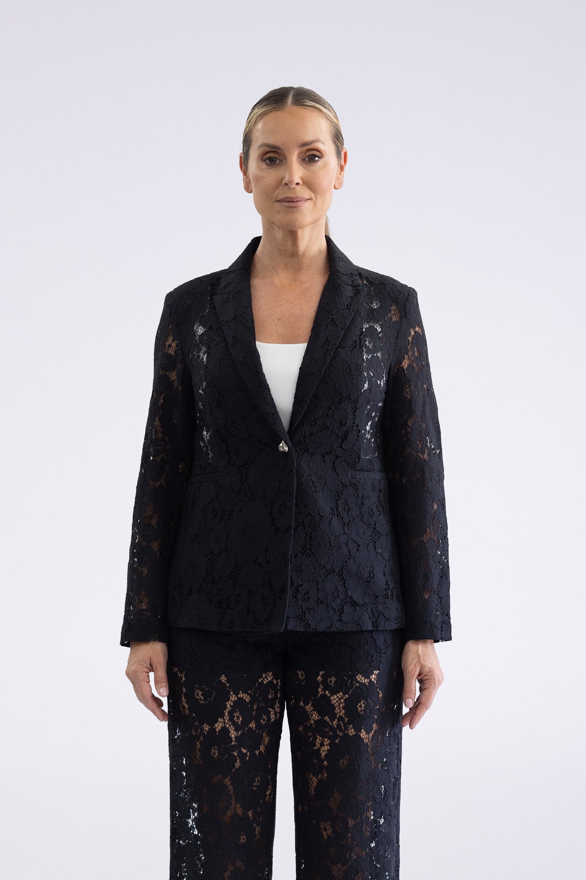 Lace Blazer by Two-Ts in Black - front view