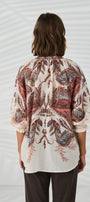 Back View  a long sleeve button up shirt with a multicolor abstract pattern in pink, green, and brown tones, paired with dark pants.