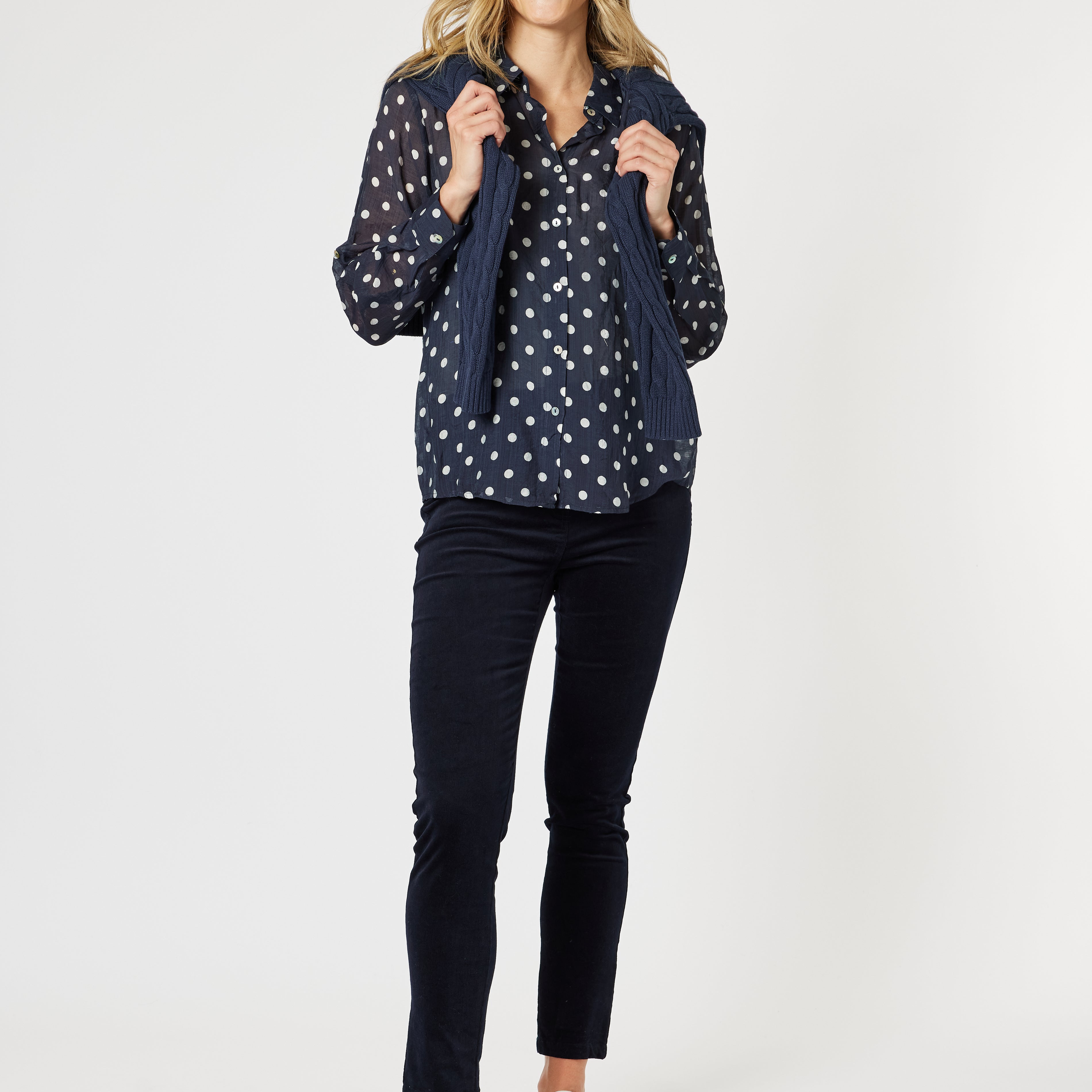 "Gordon Smith Harper Slim Leg Cord Pant in Navy — high rise pull-on corduroy"