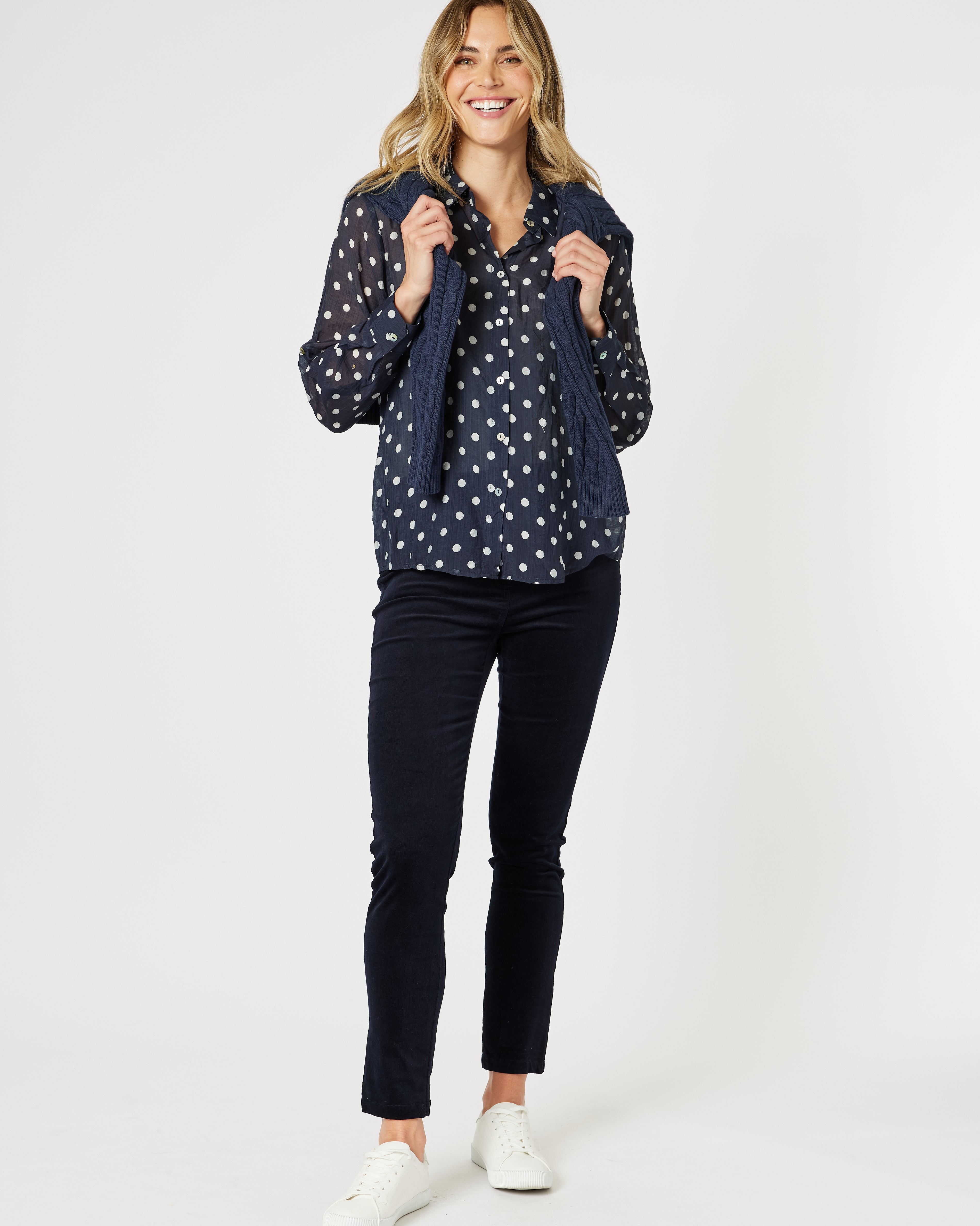 "Gordon Smith Harper Slim Leg Cord Pant in Navy — high rise pull-on corduroy"