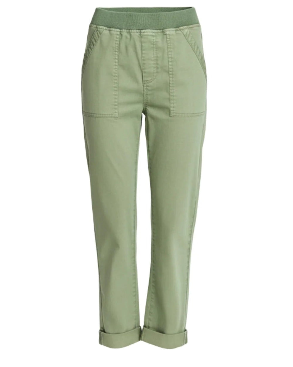 Light sage green cropped pants with a wide elastic waistband and rolled cuffs.