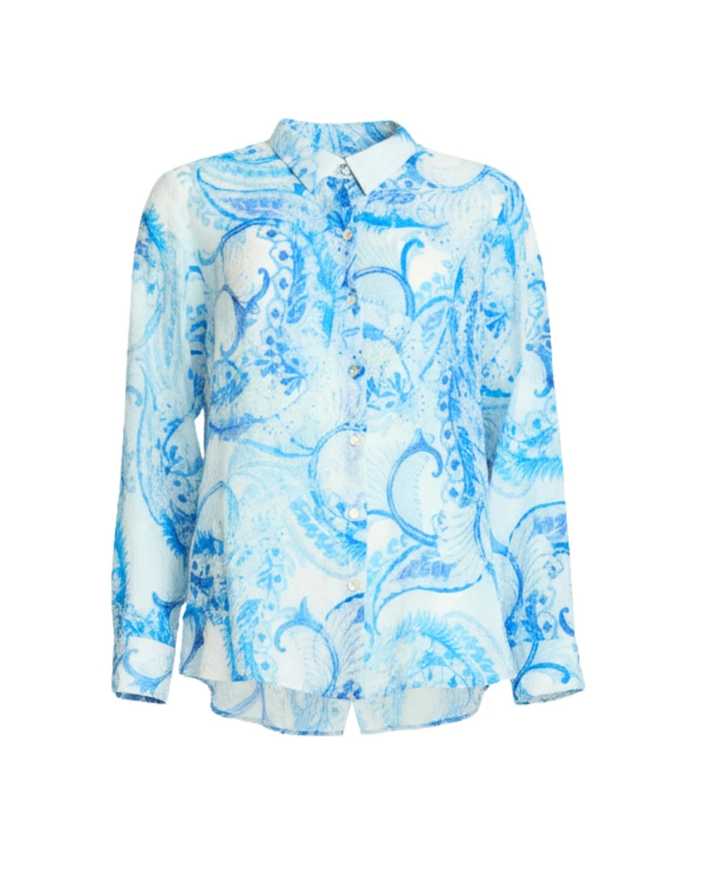 A long sleeve button up blouse with a white base and a blue paisley pattern.
