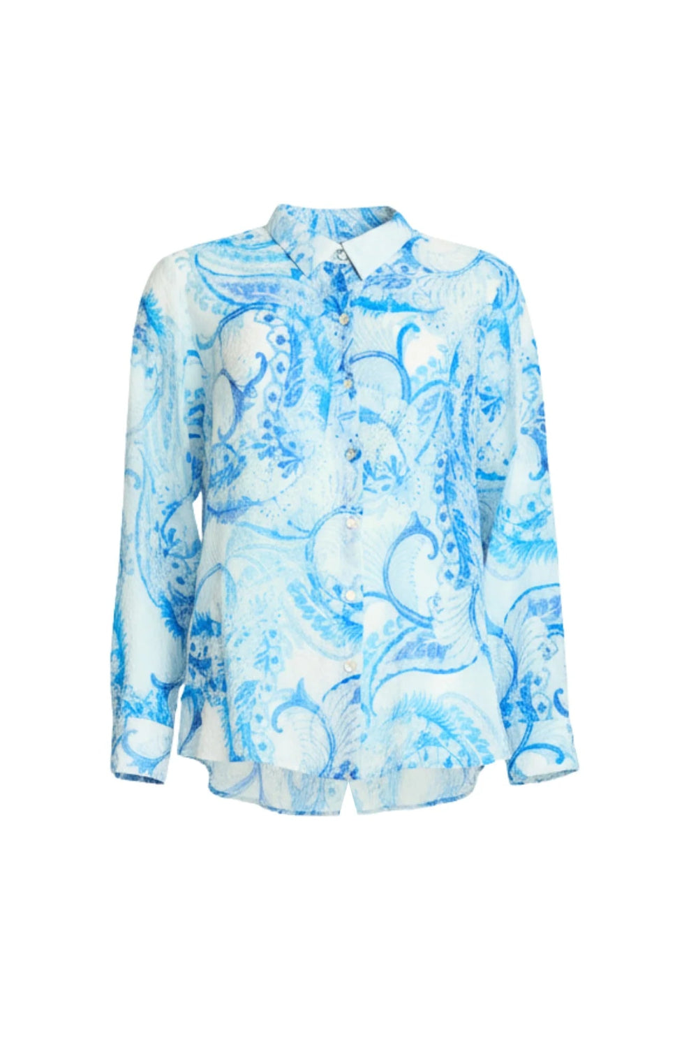 A long sleeve button up blouse with a white base and a blue paisley pattern.