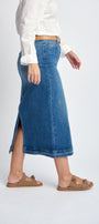 Blue denim midi skirt with small split at back