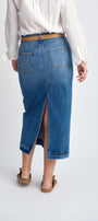 Blue denim skirt with small split back view 