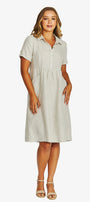 front View  light beige linen shirt dress with short sleeves, a button down collar, and a gathered waist, paired with beige strappy sandals.