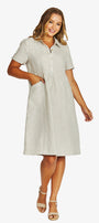 Front View light beige linen shirt dress with short sleeves, a button down collar, and front patch pockets.