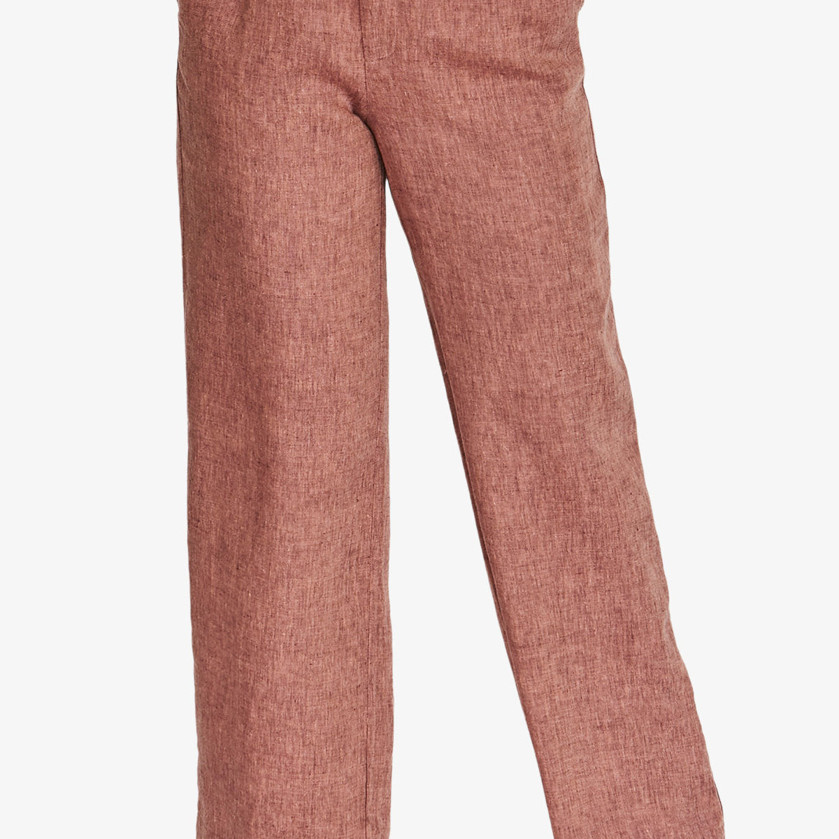 Front View dusty rose wide,leg cropped pants with a textured linen like fabric, paired with a white top and tan sandals.