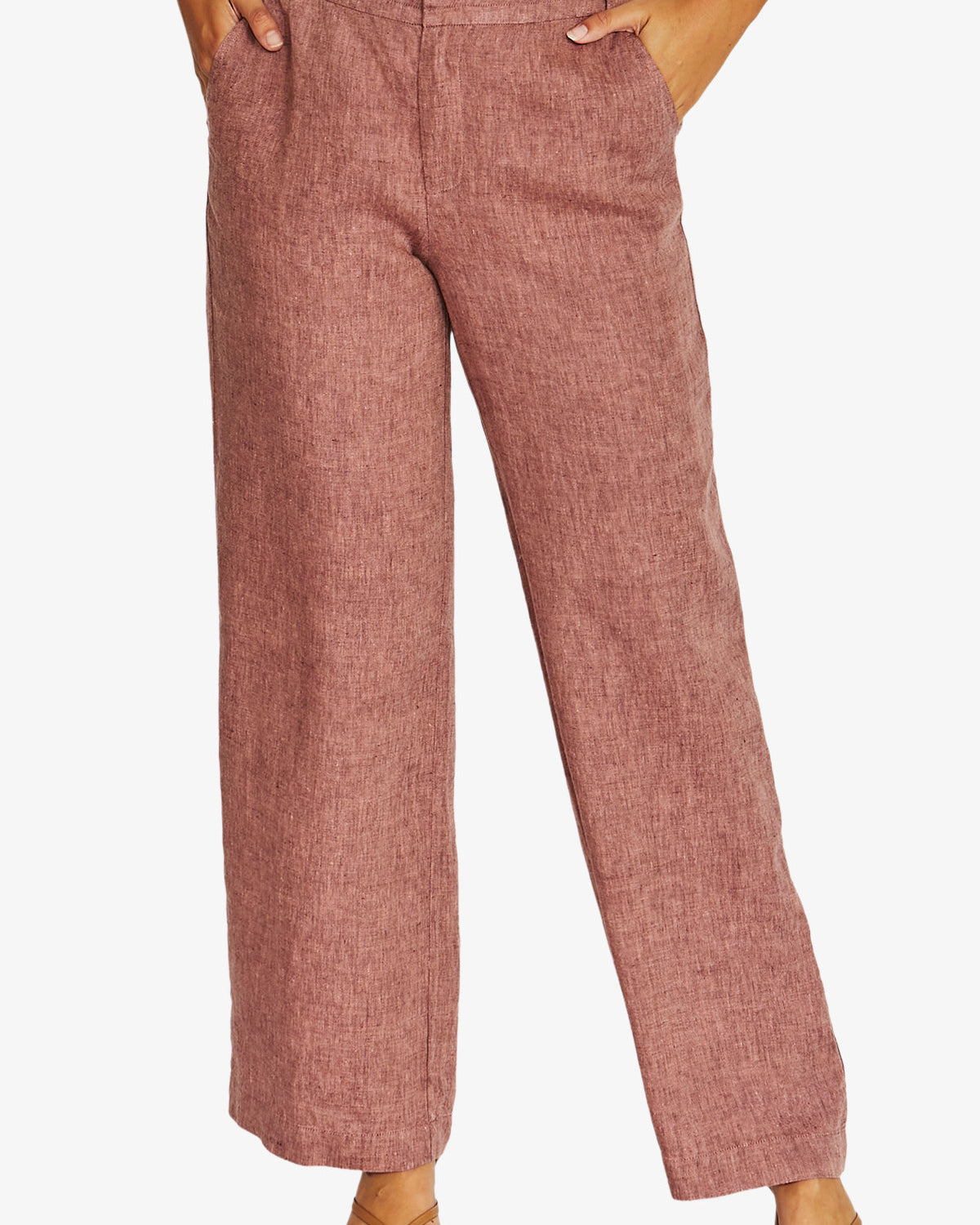 Front View dusty rose wide,leg cropped pants with a textured linen like fabric, paired with a white top and tan sandals.
