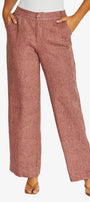 Front View dusty rose wide,leg cropped pants with a textured linen like fabric, paired with a white top and tan sandals.