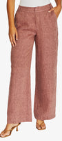 Front view dusty rose wide leg trousers with a textured linen like fabric, paired with a white top and tan heeled sandals, 