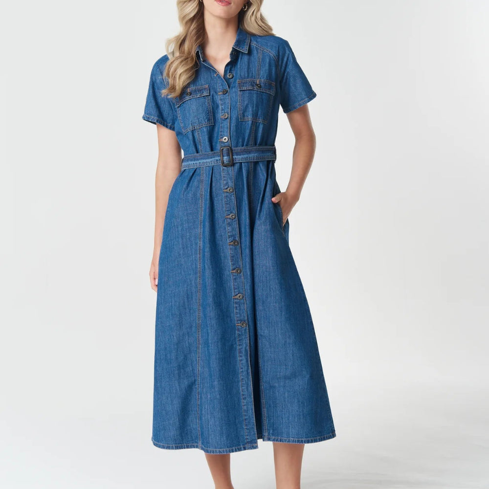Front view blue denim dress .