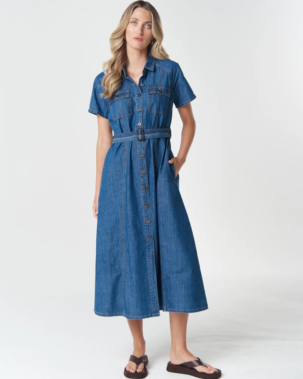 Front view blue denim dress .