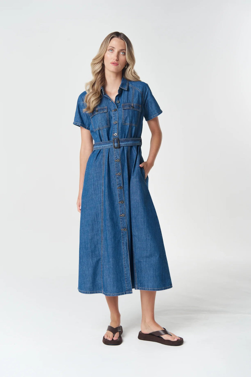 Front view blue denim dress .