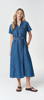Front view blue denim dress .