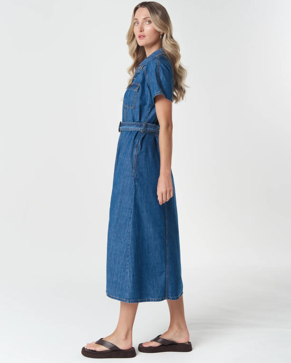Side View of blue denim dress
