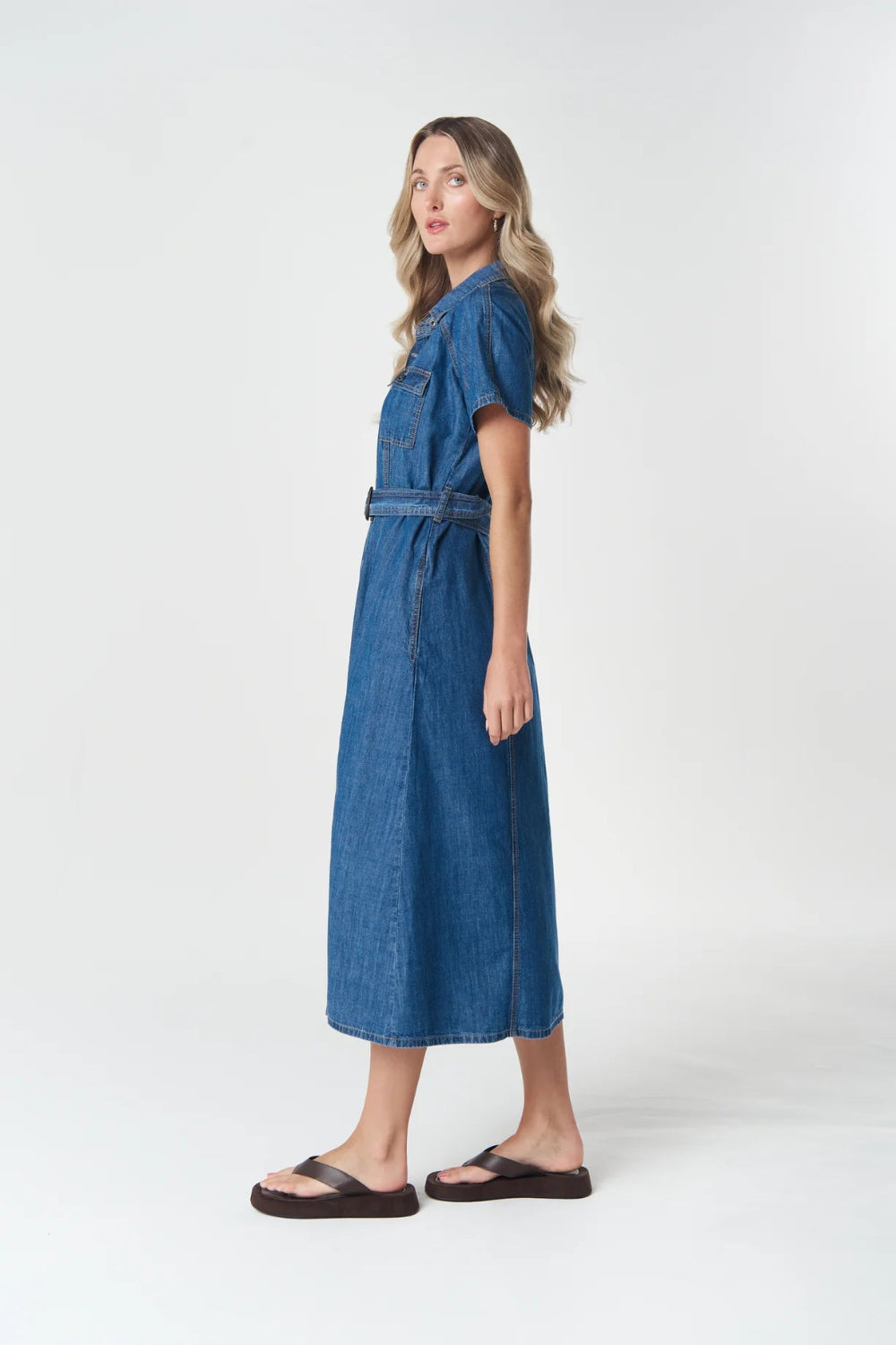 Side View of blue denim dress