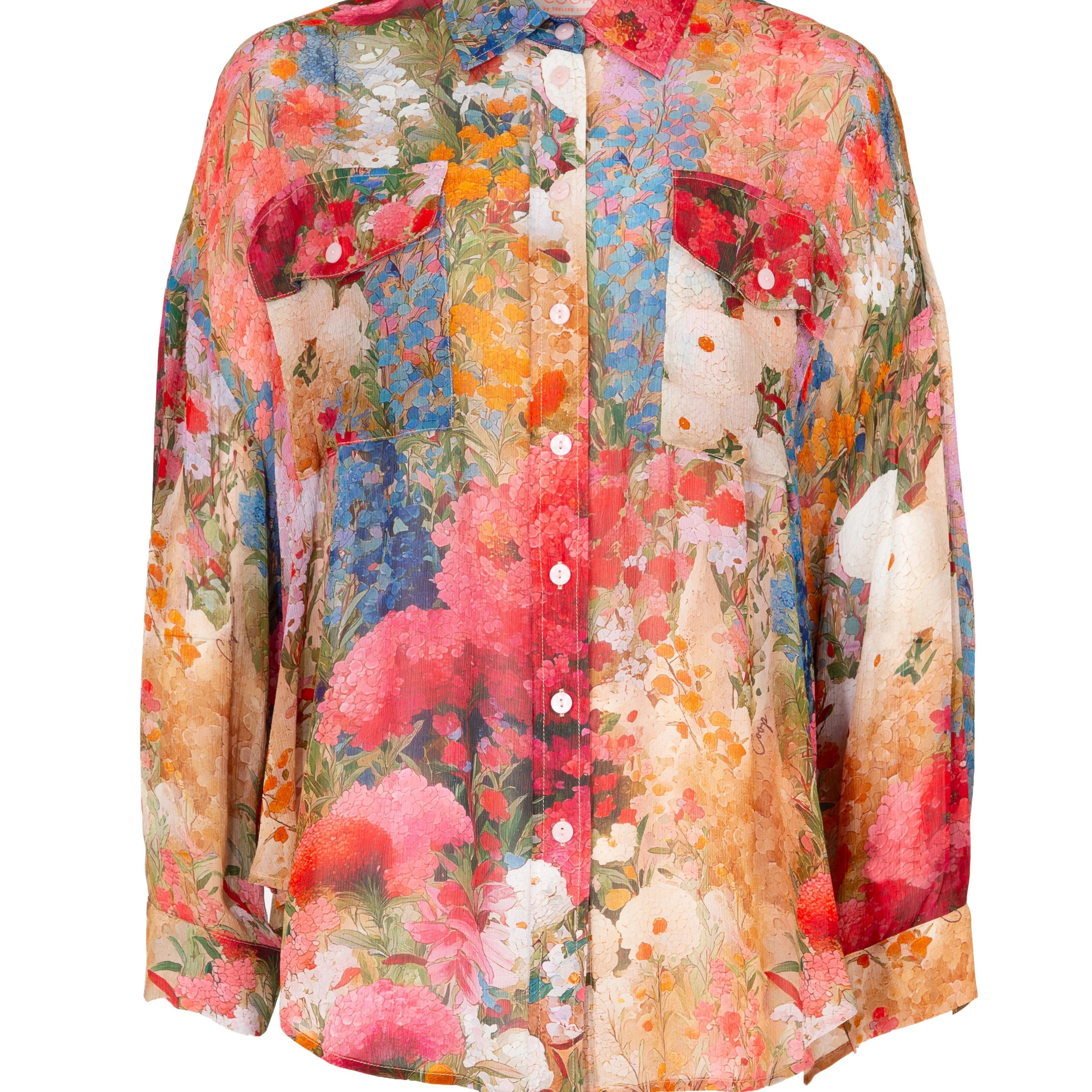 Fluid texture and an effortless silhouette define this relaxed everyday staple. The BLOOM THERE DONE THAT shirt is crafted in LOVE GROWS HERE viscose yoryu and designed in an easy boyfriend fit. A button-through front and front patch pockets lend a laid-back feel, while fixed cuffs with button fastenings add a refined finishing touch.