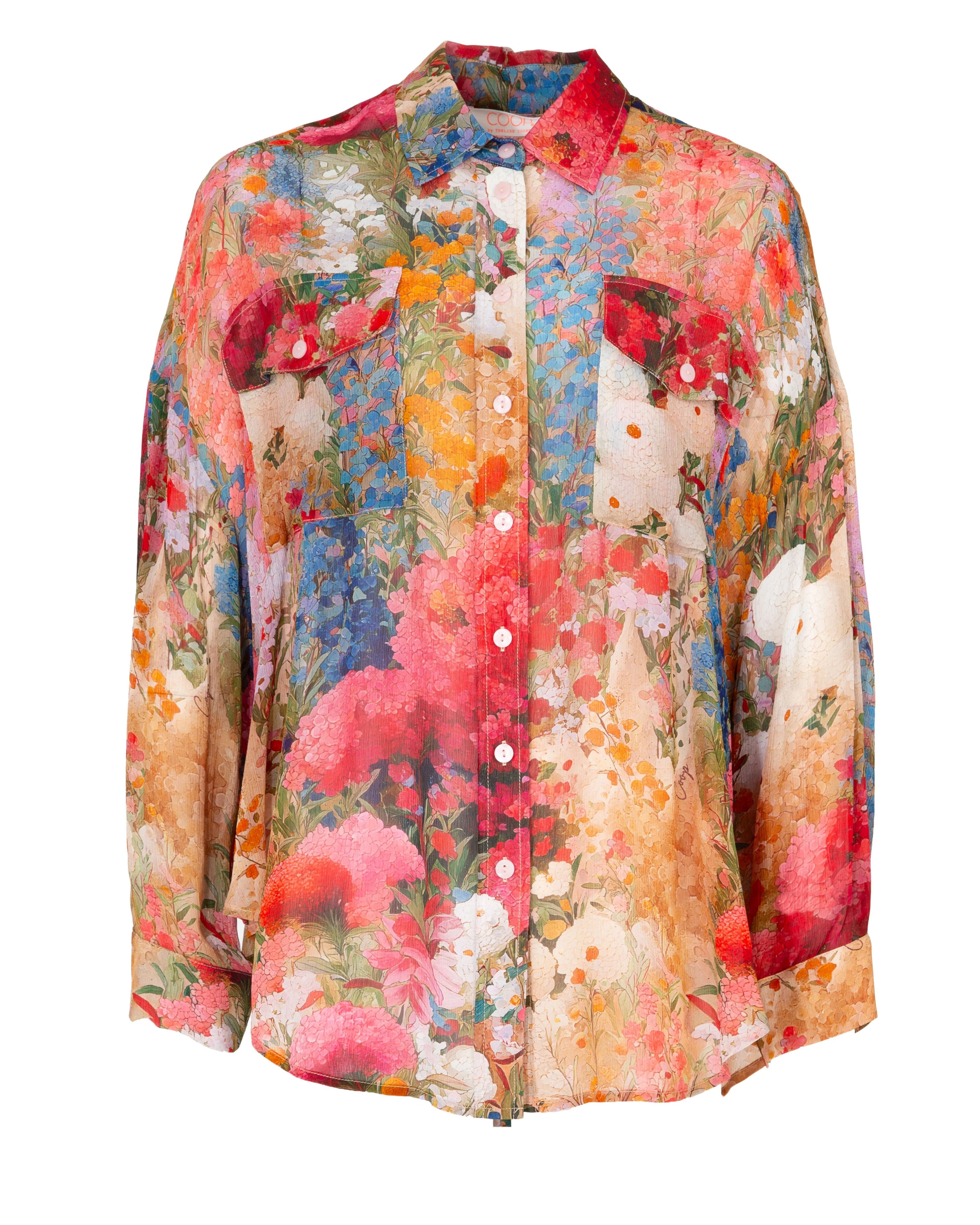Fluid texture and an effortless silhouette define this relaxed everyday staple. The BLOOM THERE DONE THAT shirt is crafted in LOVE GROWS HERE viscose yoryu and designed in an easy boyfriend fit. A button-through front and front patch pockets lend a laid-back feel, while fixed cuffs with button fastenings add a refined finishing touch.