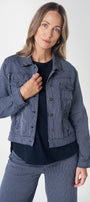 Front View  blue striped jacket and pants .