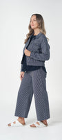 Side View  a navy white checkered outfit 