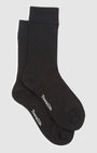 Black socks 80% merino, 18% nylon for strength, and 2% spandex for performance. Easy care, Machine Washable