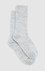 Pair of grey socks 80% merino, 18% nylon for strength, and 2% spandex for performance. Easy care, Machine Washable