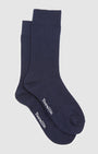 Pair of navy socks 80% merino, 18% nylon for strength, and 2% spandex for performance. Easy care, Machine Washable