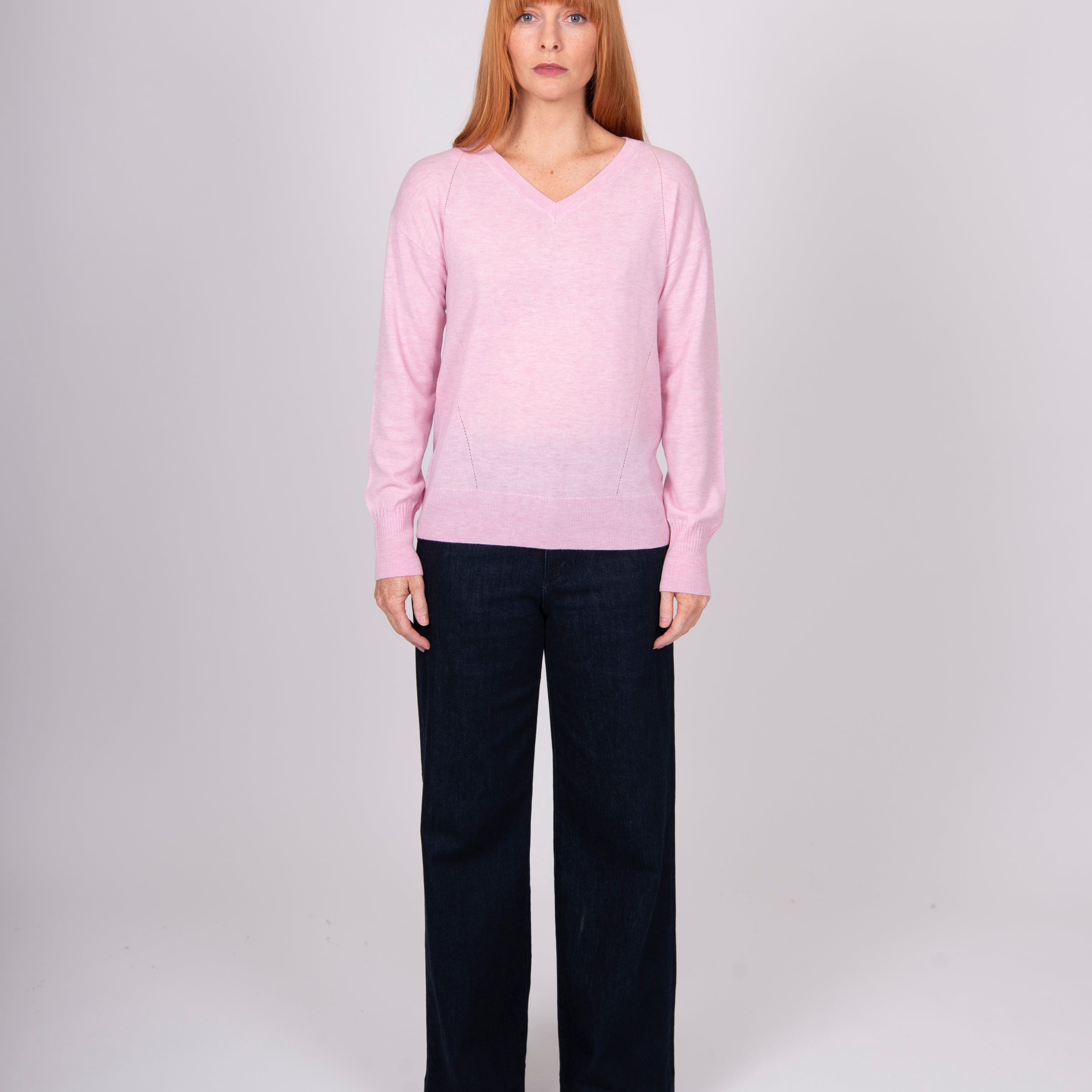 "Bridge & Lord Izzy V Neck Pullover in Tea Rose — merino cashmere blend"