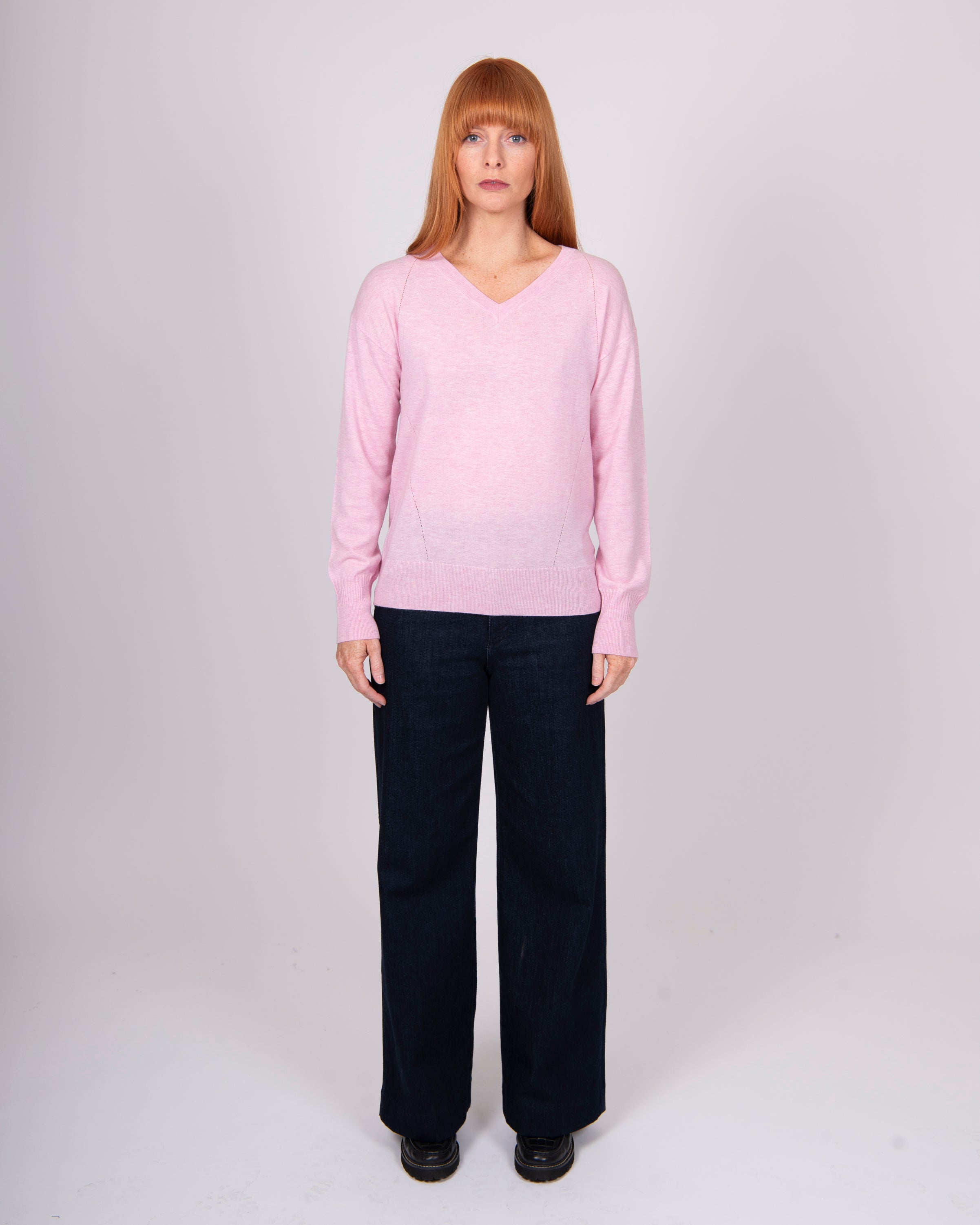 "Bridge & Lord Izzy V Neck Pullover in Tea Rose — merino cashmere blend"